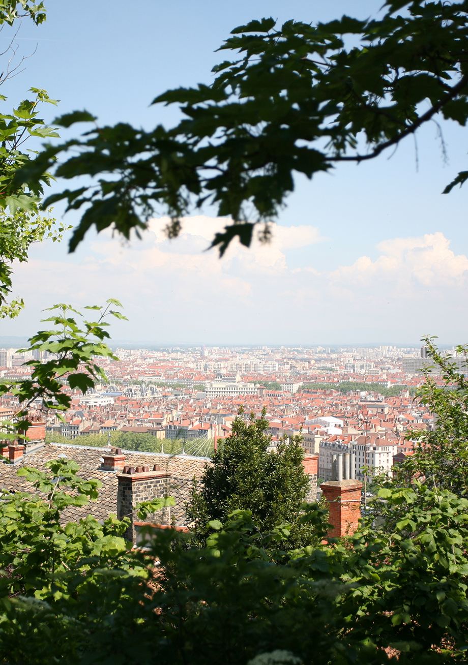 Vue sur les toits de Lyon depuis la colline de Fourvière, à travers les arbres
